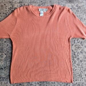 Euro X Vintage 100% Silk Natural Fibers Ribbed Short Sleeve In Peachy Salmon